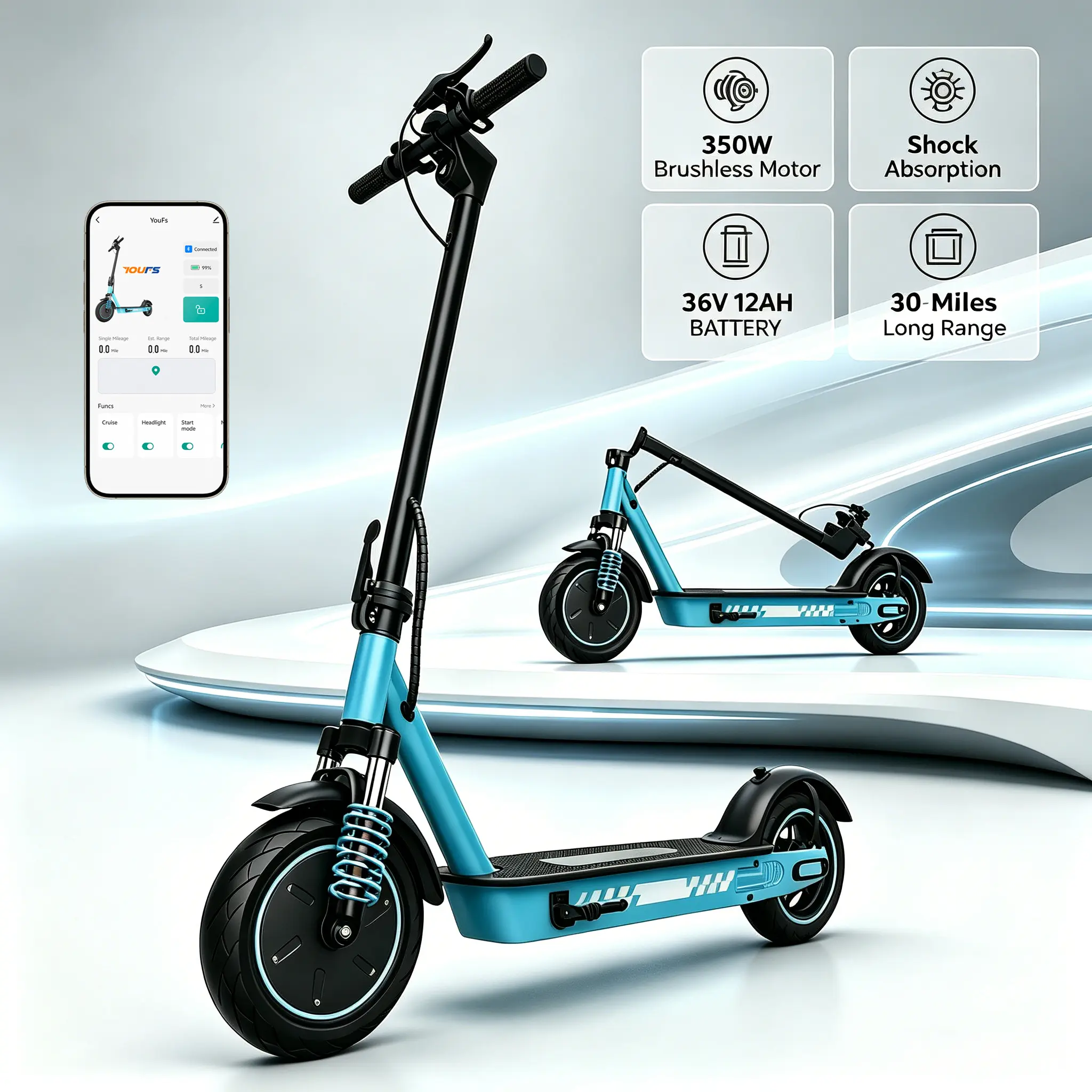 Cute Pastel Blue Foldable Electric Scooter, 350W Motor 10" Honeycomb Tire, Dual Shock Absorption, 36V Battery, 19MPH Top Speed 30Miles Long Range Smart APP Control Commuter E Scooter, Birthday and PartyGift