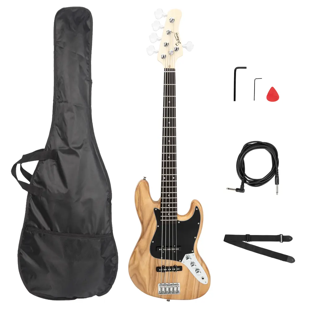 5-String Full Size Wooden Electric Bass Guitar - Burlywood, with Adjustable Strap, Bag, Pick, and Wrench Tool