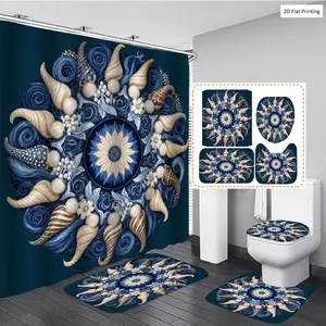 1/3/4PCS Bohemian style Seashell Mandala in Blue and Beige Shower Curtain Set with Rugs, Non Slip Bath Mat, U-Shape Carpet, Toilet Lid Cover, Polyester Fabric Bathtub Curtain Accessories, 12 Hooks, Home Bathroo Bathroom Curtain