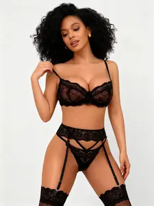 RSLOVE Women's 3-Piece Glamour Lingerie Set - Softness Lingerie, Lace Underwire Push-Up, V-Neck with Heart Detail, Adjustable Straps, Stretchy, Panty, Garter, Fishnet Stockings, Hand Wash Cold (Spring-Summer)