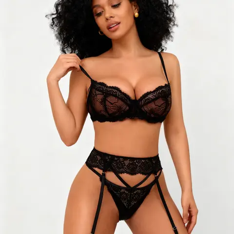 RSLOVE Women's Buttery Soft Embroidered Floral Lace 3-Piece Lingerie Set - Adjustable Strap Full Underwire Lift Push-Up Bra, Heart Cutout Garter, V-String Panties for Women, Ideal Gifts for Girlfriend, Underwear Sets