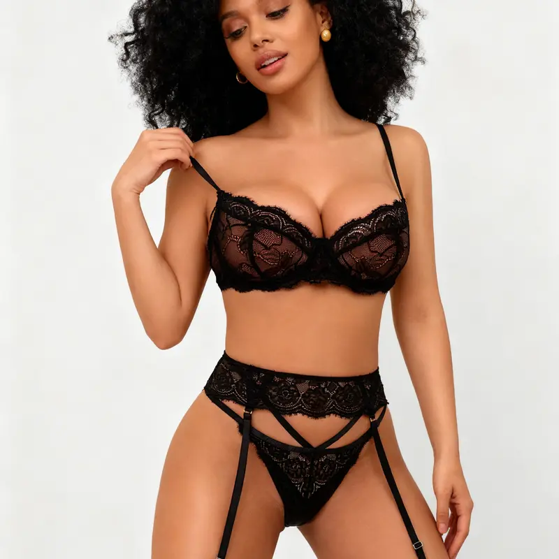 RSLOVE Women's Buttery Soft Embroidered Floral Lace 3-Piece Lingerie Set - Adjustable Strap Full Underwire Lift Push-Up Bra, Heart Cutout Garter, V-String Panties for Women, Ideal Gifts for Girlfriend, Underwear Sets
