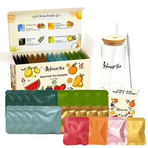 Tea Bags Variety Pack, Citrus Fresh Fruit Tea Sampler, 4 Fresh Blends, 16 Main Bags + 4 Additional Sampler Bags, Tea Set with 16oz Glass Tumbler for Office, Afternoon, Summer Sipping