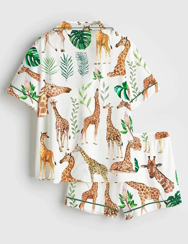 Women’s Watercolor Giraffe Safari Animal Tropical Leaf Print Short Sleeve Silk Satin Pajama Set Soft Sleepwear