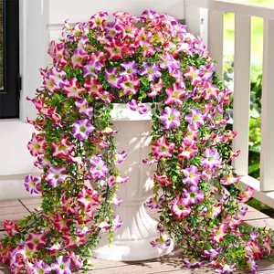 Outdoor simulation of violet flowers, 2/4-piece set of UV resistant fake plant hanging decoration, spring outdoor potted porch garden simulation of silk long hanging vines