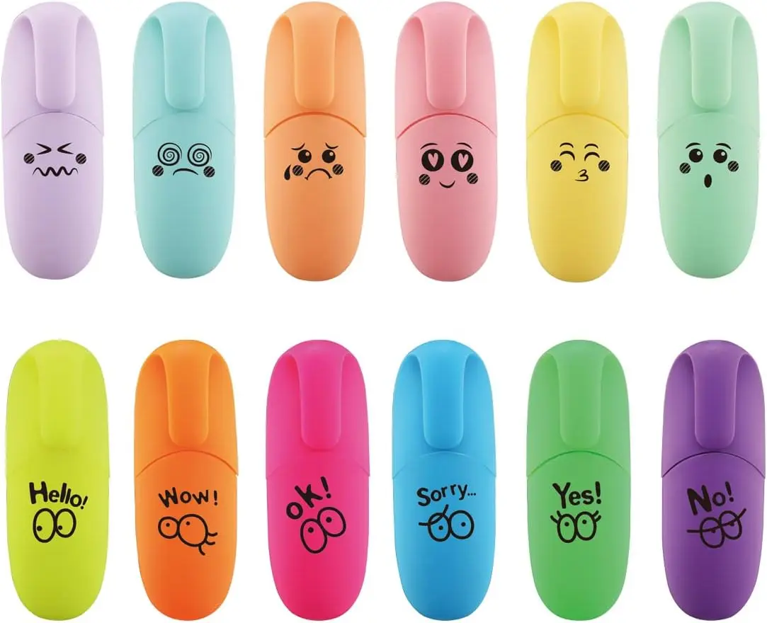 12-Count Assorted Colors Aesthetic Chisel-Tip Mini Highlighters, Kawaii Writing Stationery for Office & School Supplies