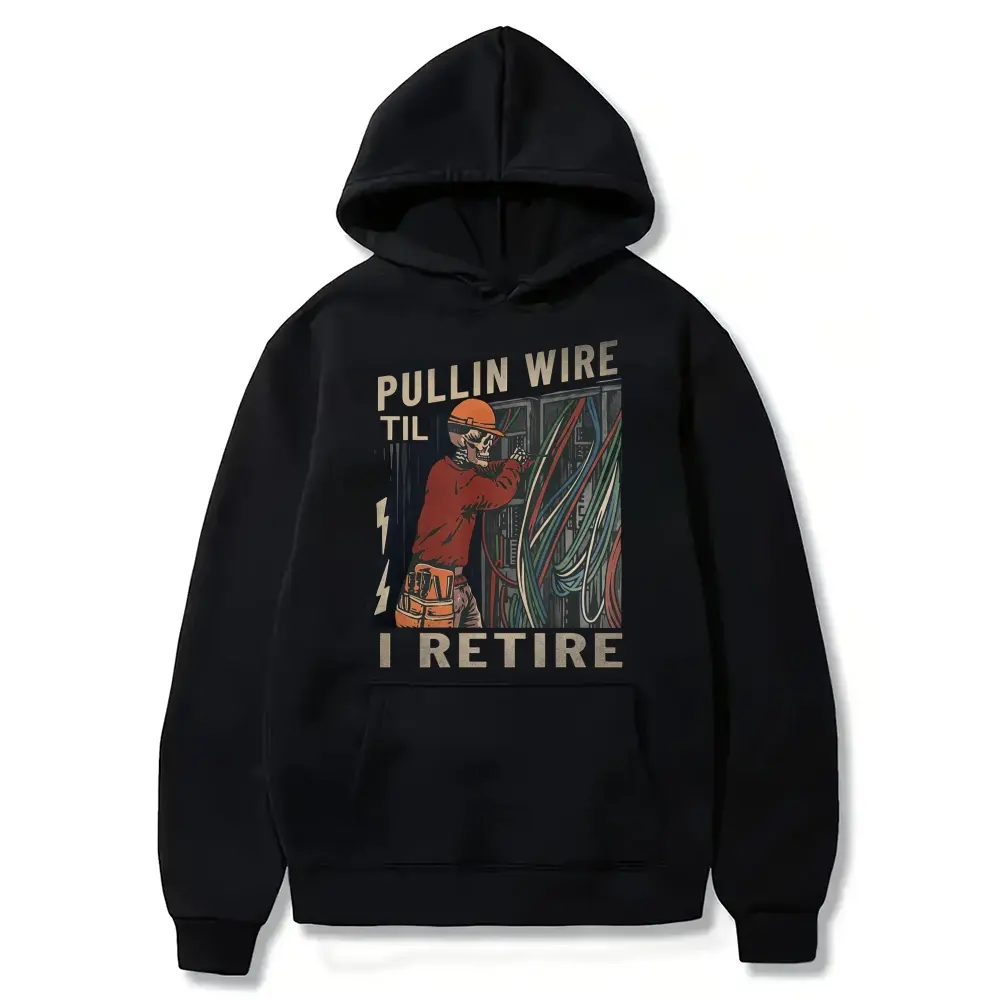 Soft Graphic Hoodie for Electricians, Unisex Vintage-Inspired "Pullin Wire" Skull Pullover, Classic Casual Longsleeves Menswear Apparel, Clothes