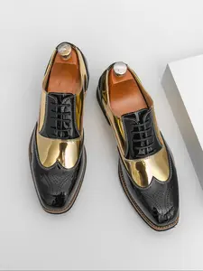 Men's Block Color Lace-Up Trendy Pointed Toe Business Formal Shoes, Stylish Party Wear Footwear, Comfortable Office Dress Shoes for Men