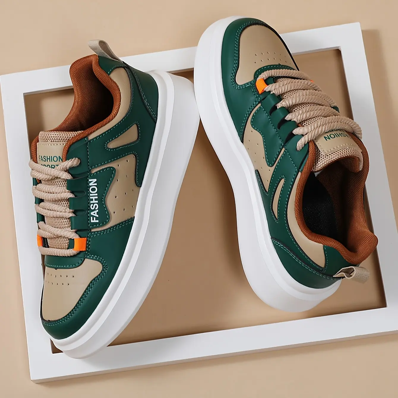 Chunky Athletic Sports Footwear - Breathable, Comfortable Green/Beige/Orange Striped Casual All-Season Streetwear Sneakers with Thick EVA Sole, Sports Shoes, Trainer, Fabric