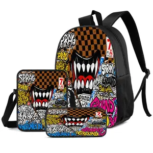 Graffiti Monster Mouth 3PCS Backpack Set, Durable 600D Oxford Cloth School Bag with Lunch Box & Pencil Case Combo, Adjustable Breathable Strap, Fits 15in Laptop for Kids Teens School Travel Outdoor