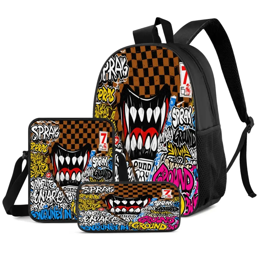 Graffiti Monster Mouth 3PCS Backpack Set, Durable 600D Oxford Cloth School Bag with Lunch Box & Pencil Case Combo, Adjustable Breathable Strap, Fits 15in Laptop for Kids Teens School Travel Outdoor