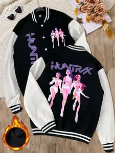 Women's K-Pop Style Graphic Baseball Jacket Coat, Cute Cartoon Character Design, Soft Elastic Fabric, Casual Streetwear, Long Sleeve