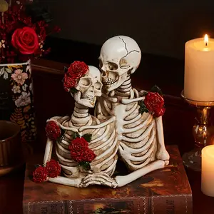 Couple Romantic Rose Skull Character Vintage Ornament for Entryway, Living Room, Bedroom, Bookshelf, Home Decoration, Halloween Atmosphere Ornament