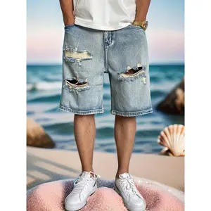 American Casual Plankton Wash Vintage Ripped Denim Shorts Men's Loose Fashion High Street Quarter Pants Jean Streetwear Blue Menswear