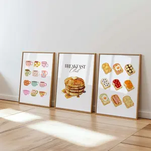 Kitchen Prints Set of 3, Breakfast Club Wall Art, Colorful Foodie Poster
