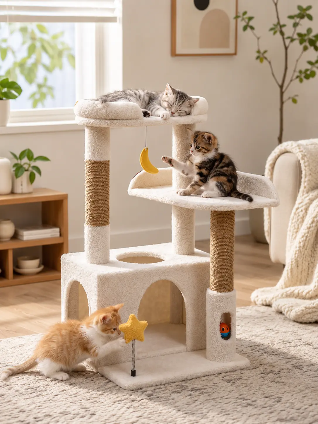 Cat Tree for Indoor Cats, Small Cat Tower with Plush Top Perch, Cozy Cat Condo, Sisal Scratching Posts, Hanging Toys and Dangling Ball for Kittens and Cats