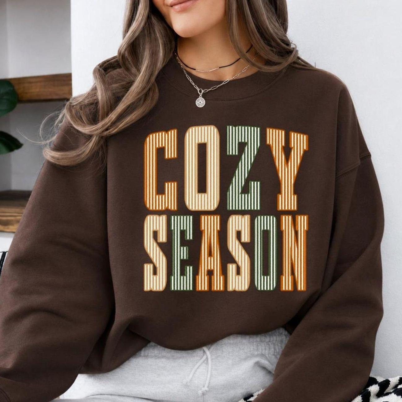 Cozy Season Sweatshirt, Retro Fall Typography Graphic Crewneck, Vintage Autumn Stripe Letter Pullover, Cute Seasonal Shirt for Women, Thanksgiving Festival Fall Outfit, Cozy Weather Gift for Autumn Lovers, Aesthetic Pumpkin Season Clothes Top