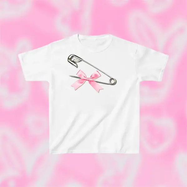 Safety Pin Pink Ribbon Bow Coquette Baby Tee | Y2k Graphic Baby Tee, 90s Baby Tee, Trending Baby Tee, Cool Girl Baby Tee, It Girl Baby Tee