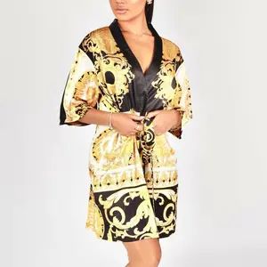 Black, Yellow and White Baroque Women's Short Robe, Kimono Style with Pockets and attached belt- Womens Loungewear