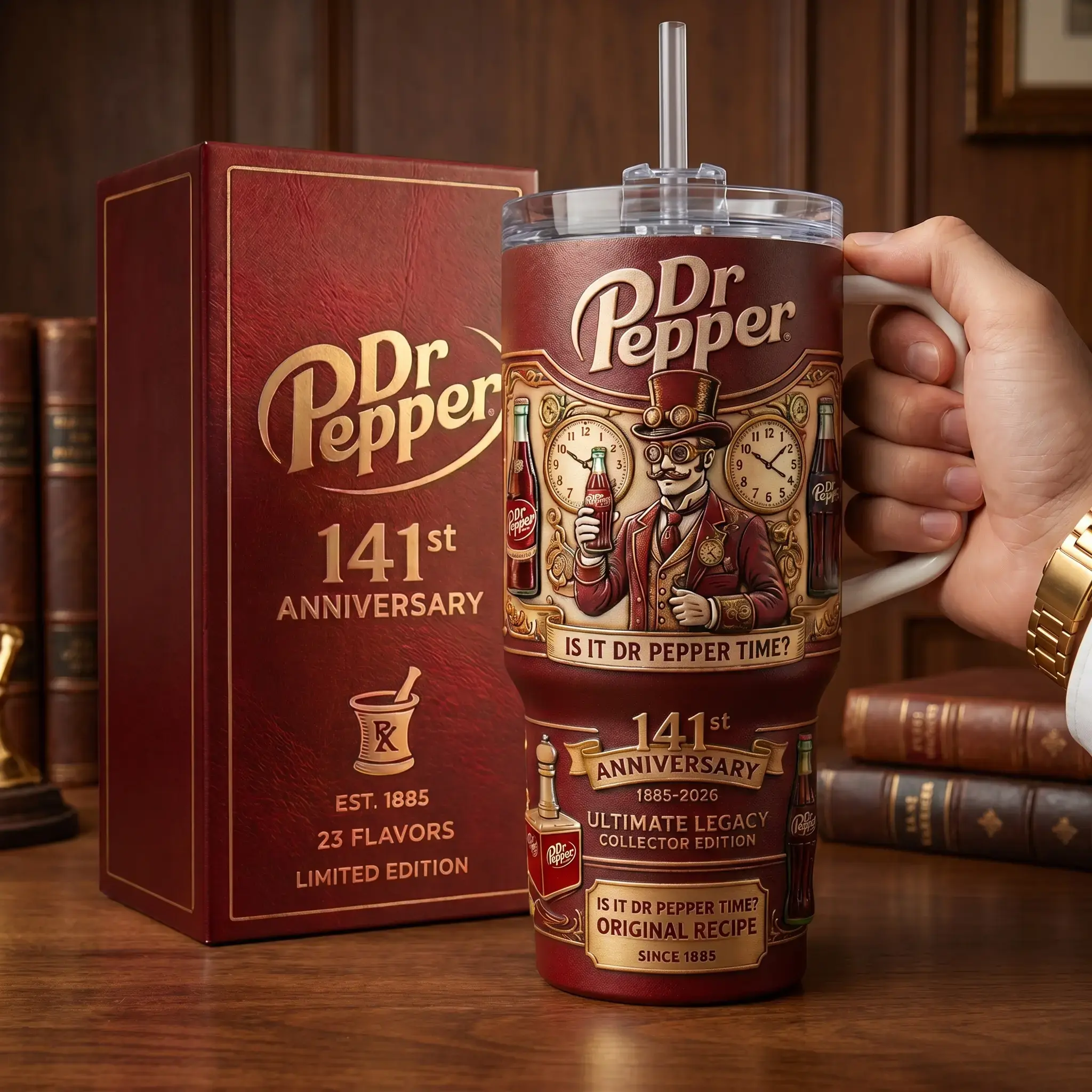 Dr Pepper 141st Anniversary 40oz Stainless Steel Tumbler - Handle & Straw, Vintage Print, Retro Look, Double Wall Insulated, Eco-Friendly, Limited Edition 1885-2026 Drinkware, 23 Flavors Collector Cup, Coworkers Gift