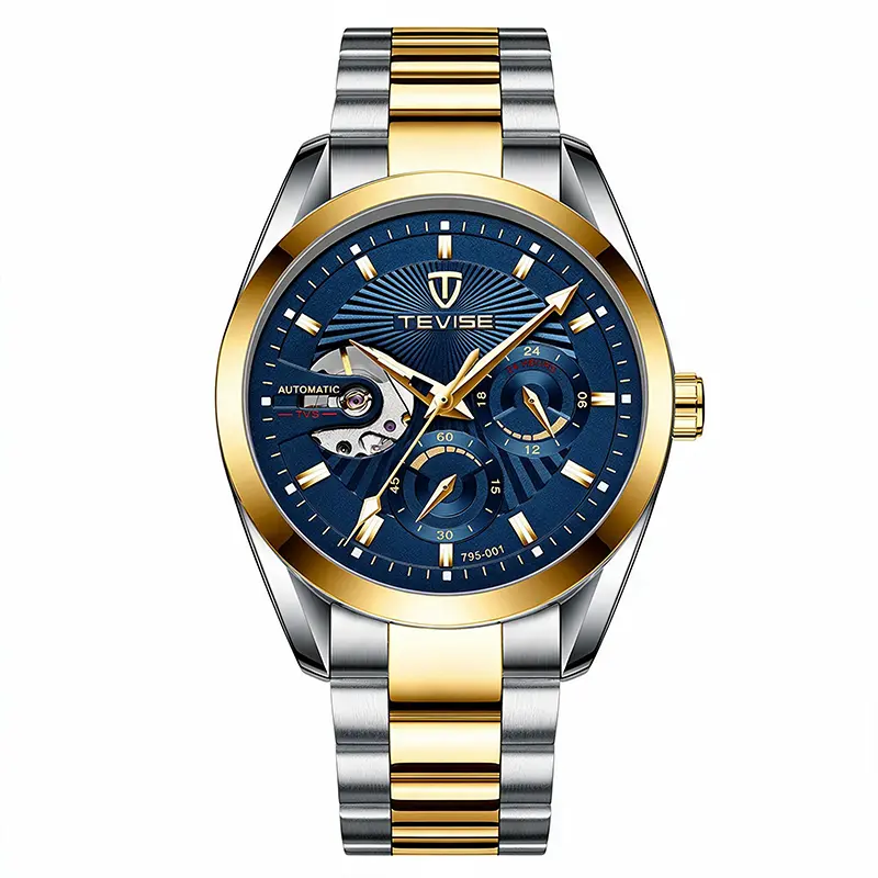TEVISE Men's 5-Hand Mechanical Watch, Large Dial, 2-Tone Steel Strap, Luminous, Tourbillon