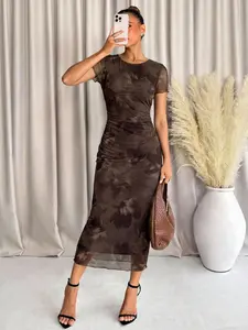 Sheer mesh dress with gradient tie-dye print, slim fit, hip-hugging midi length, Breathable, Features mature charm, French retro style and commute vibe, Perfect for dates, afternoon tea, parties, vacations and daily outings, Womenswear