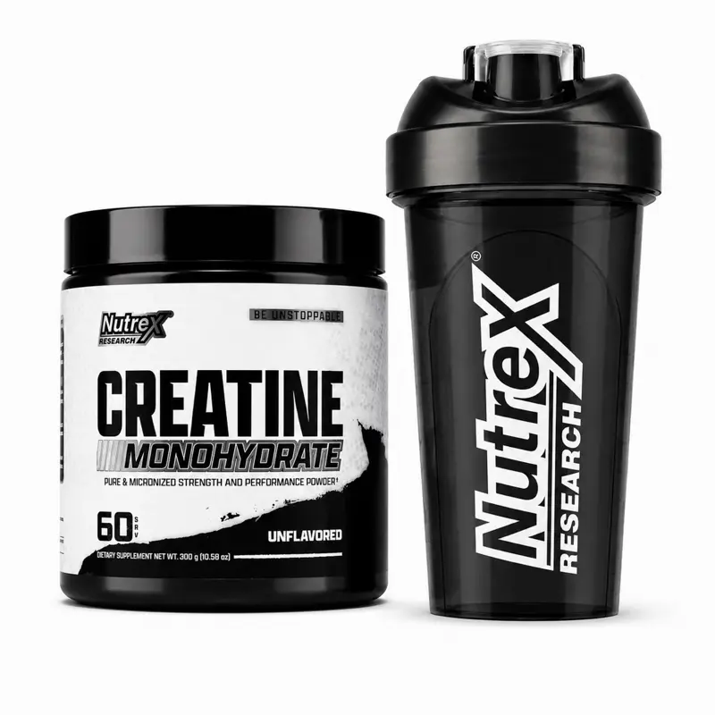 Nutrex Research Creatine Monohydrate 60 Servings + Shaker Bottle Bundle – Unflavored