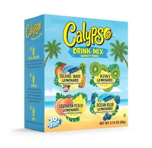 Calypso Singles To Go! Drink Mix Variety Pack – Lemonade On-the-Go Powdered Drink Mix Packets – Low Calorie Water Enhancer – Island Wave, Kiwi, Southern Peach, Ocean Blue Lemonade, 30 Count