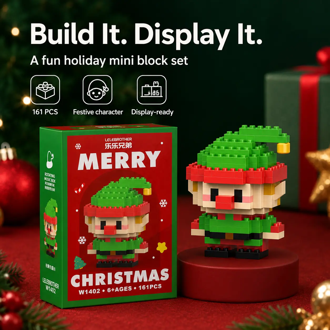 Christmas Elf Building Blocks Set, 161 Pieces Mini Elf Building Kit for Kids Ages 6+, DIY Holiday Decoration Toy