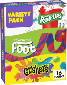 Fruit Roll-Ups, Fruit by the Foot and Gushers Fruit Flavored Snacks Variety Pack, Gluten Free, 16 Pouches, 10.2 oz