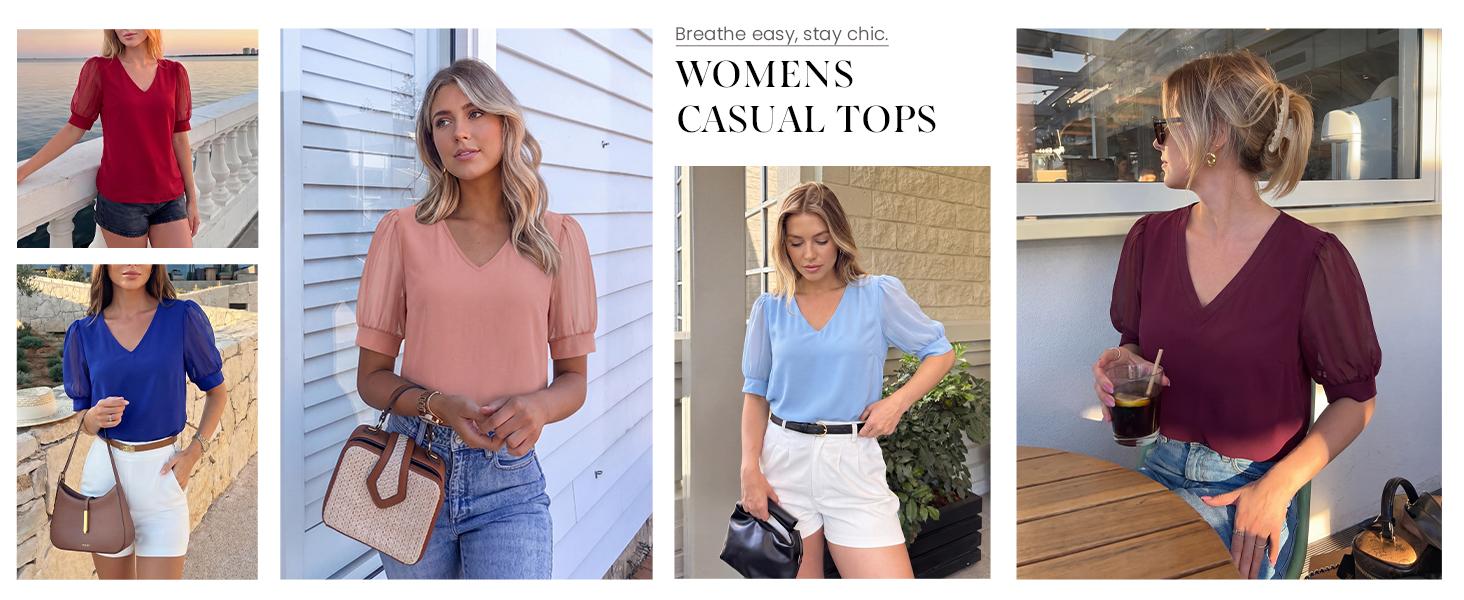 PRETTYGARDEN Womens Tops Dressy Casual Puff Sleeve Chiffon Blouses V Neck Business Work Shirts Summer Fashion Clothing
