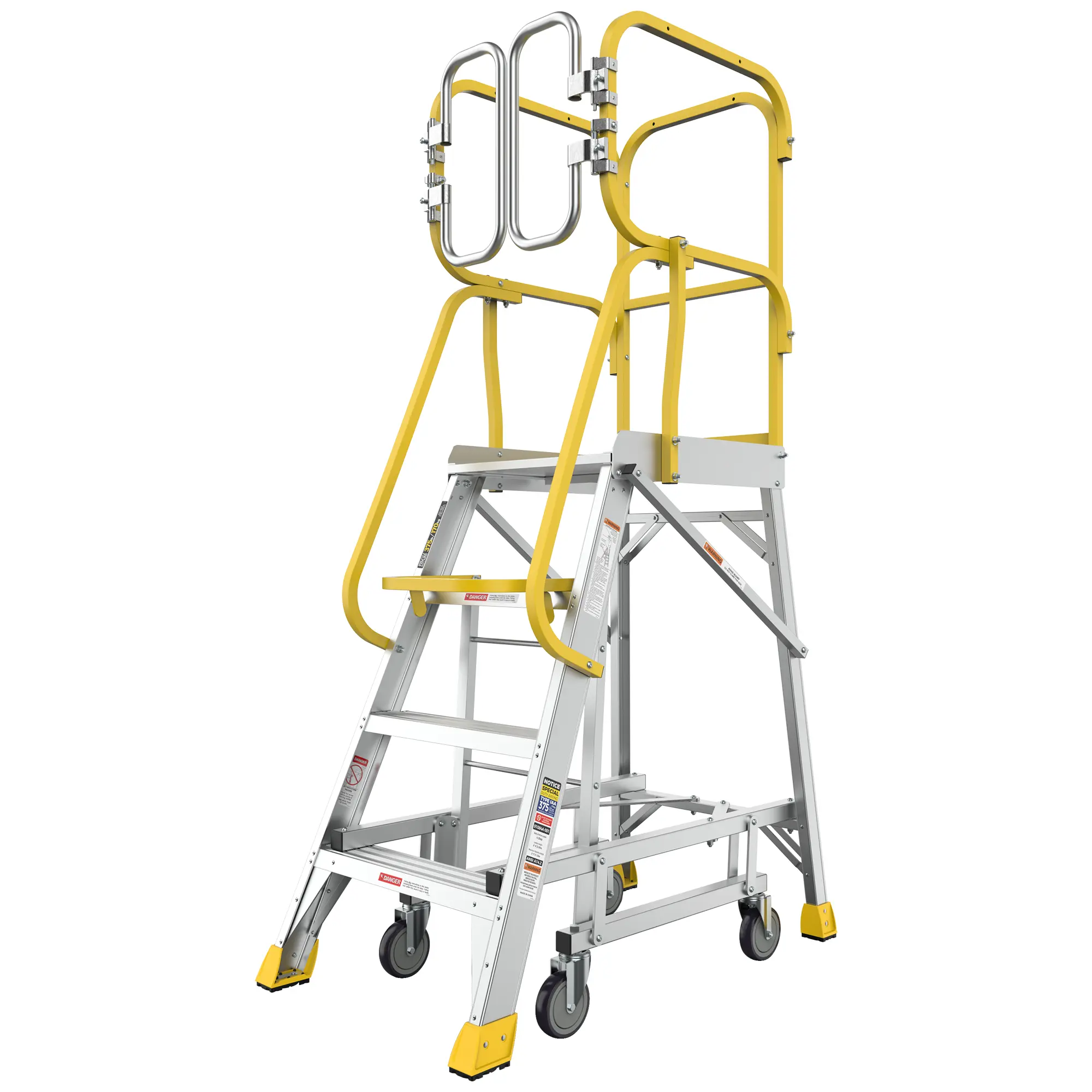 Aluminum Rolling Platform Ladder with Locking Wheels, 4 Steps, 375 lb Capacity, Folding Portable Step Stool for Home, Garage, Warehouse, Library, Heavy Duty Industrial Work, Silver Finish