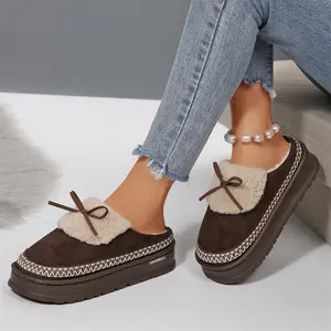 Cozy Faux Fleece Bow Platform Slippers for Women - Warm Winter Mini Snow Boots Indoor Outdoor Shoes