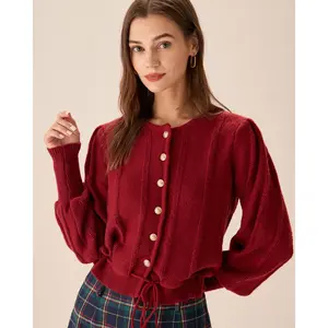 Rihoas Women's Red Long-Sleeve Lantern-Sleeve Polyester Knitwear Top - Single-Breasted Button-Up Statement Sweater, Hip-Fit Casual Red Women's Cardigans