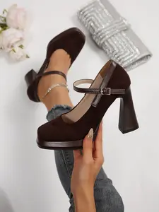 Women's Velvet Mary Jane High Heel Shoes, Vintage College Style Waterproof Platform Single Shoe, Elegant Party Footwear