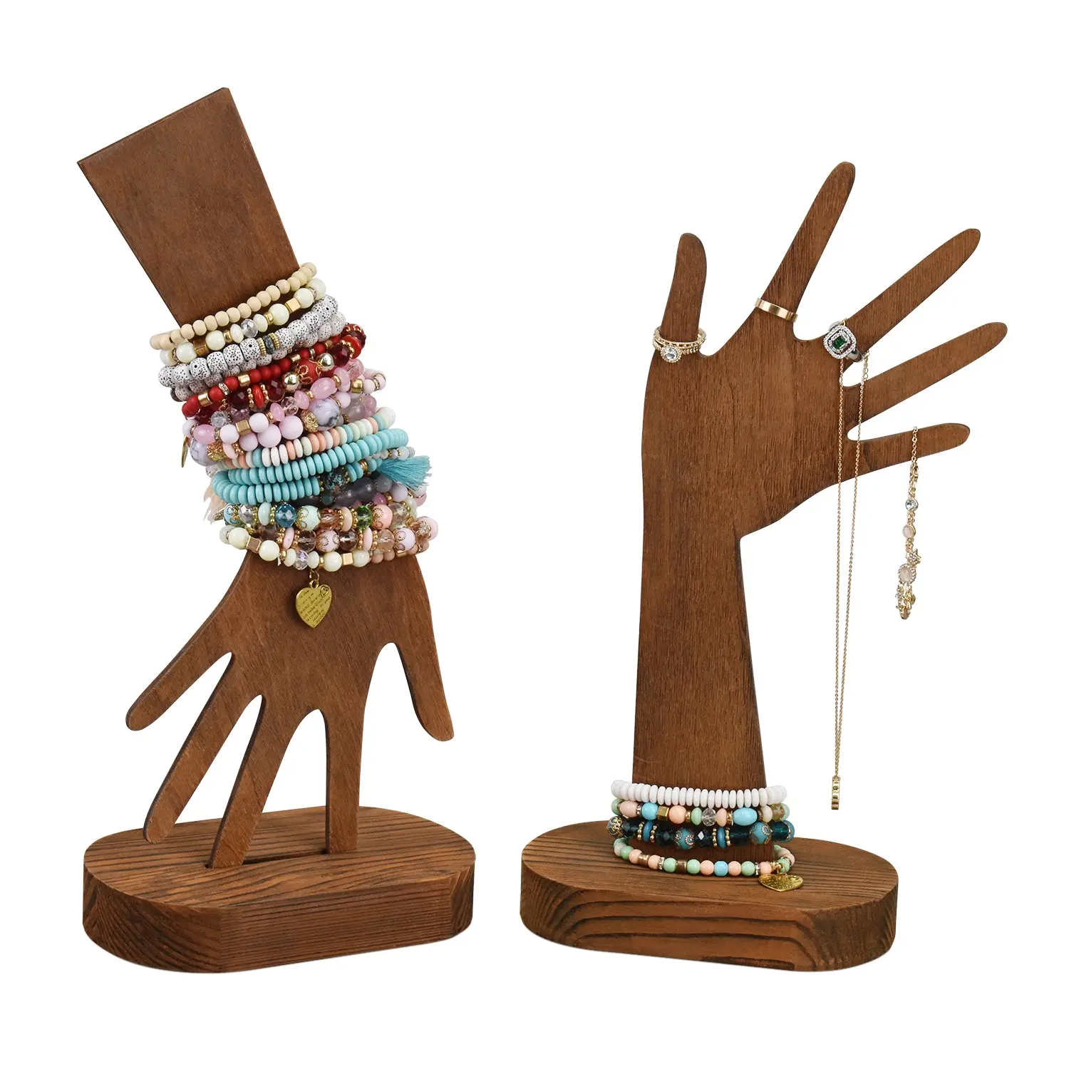 2 Pcs Set Multi-Functional Tabletop or Wall-Mountable Wooden Hand-Shaped Jewelry Display Stand