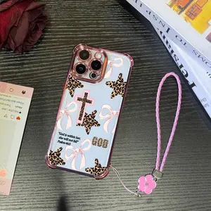 Vintage Coquette Leopard Cross Pattern Four Corner Anti-Fall Phone case for iPhone Samsung Galaxy 17Pro Max Air 16Plus 15 14 13 12 11 XR XS S26 S25 S24 S23 S22 cases, Transparent cover, Non-Yellowing, Shockproof Soft silicone, Gifts for girls.JL81