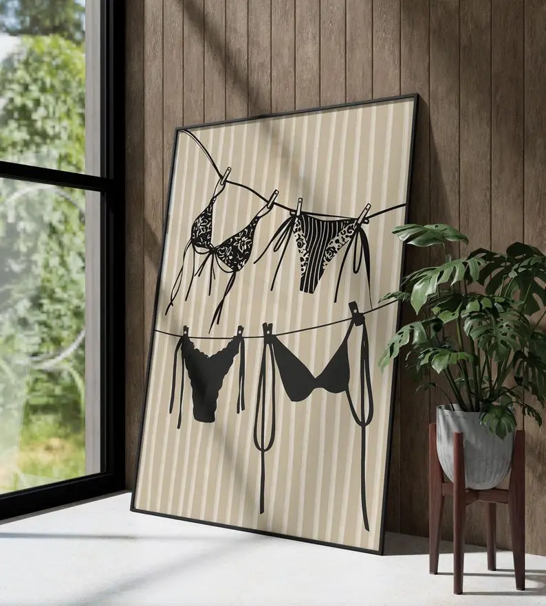 Bikini Print, Bikini Hanging Print, Beachy Wall Art, Coastal Cowgirl Decor, Coastal Wall Art, Aesthetic Poster, Bikini On Clothesline Print