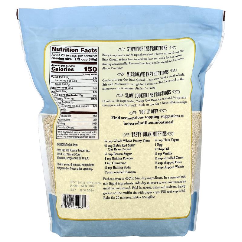 Bob's Red Mill High Fiber Oat Bran Hot Cereal, 40 oz (1.13 kg)