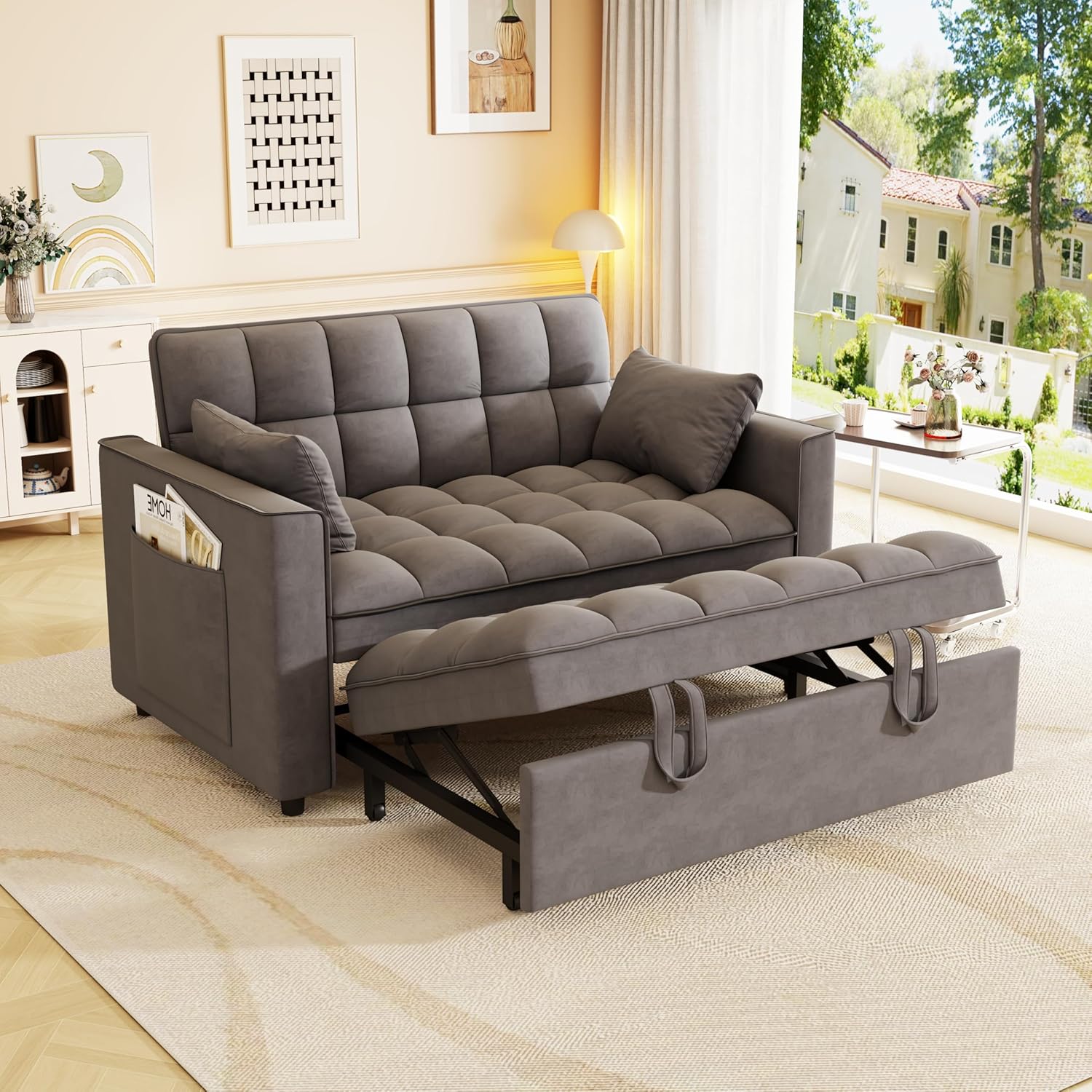 Convertible Sleeper Sofa Bed, Loveseat Sleeper Sofa with Large Side Pockets, Pull Out Sofa Bed with 3 Position Adjustable Backrest, 3 in 1 Velvet Couch Bed for Small Spaces, Apartment, Dark Gray