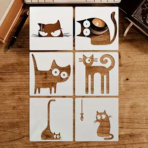 Reusable & Washable 6-Cat Painting Stencils, Large 6x6 Inch DIY Cat Templates, Ideal for Artists, Scrapbooking, Card Making, Canvas