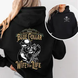 [Made in USA] Blue Collar Wife Club Hoodie Spoiled Wife Skull Graphic Pullover Merch Gift for Wife Mom Valentine Gift Tough Love Workwear
