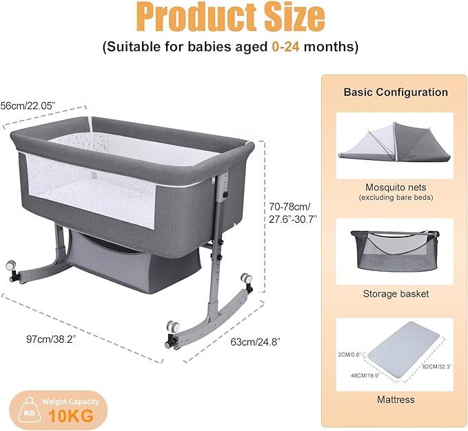 3 in 1 Baby Bassinet Bedside Sleeper, Bedside Crib for Baby, Adjustable Baby Bassinet with Wheels, Storage Basket, Mattress, Easy Assemble & Folding Portable Baby Cradle