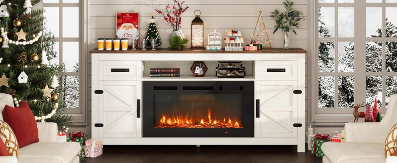 【2 Packages Shipping】oneinmil Fireplace TV Stand with Barn Door for TVs up to 80", Farmhouse 70" Fireplace Entertainment Center with Storage Cabinets, White TV Stand and Black Fireplace White & Brown,