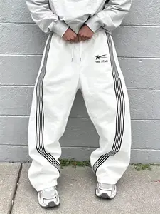 Loose Fit Sport Pants with Side Stripes, the Star Print Unisex Wide Leg Joggers, Y2K Street Style, Casual Elastic Waist Long Pants, Wide Sweatpants