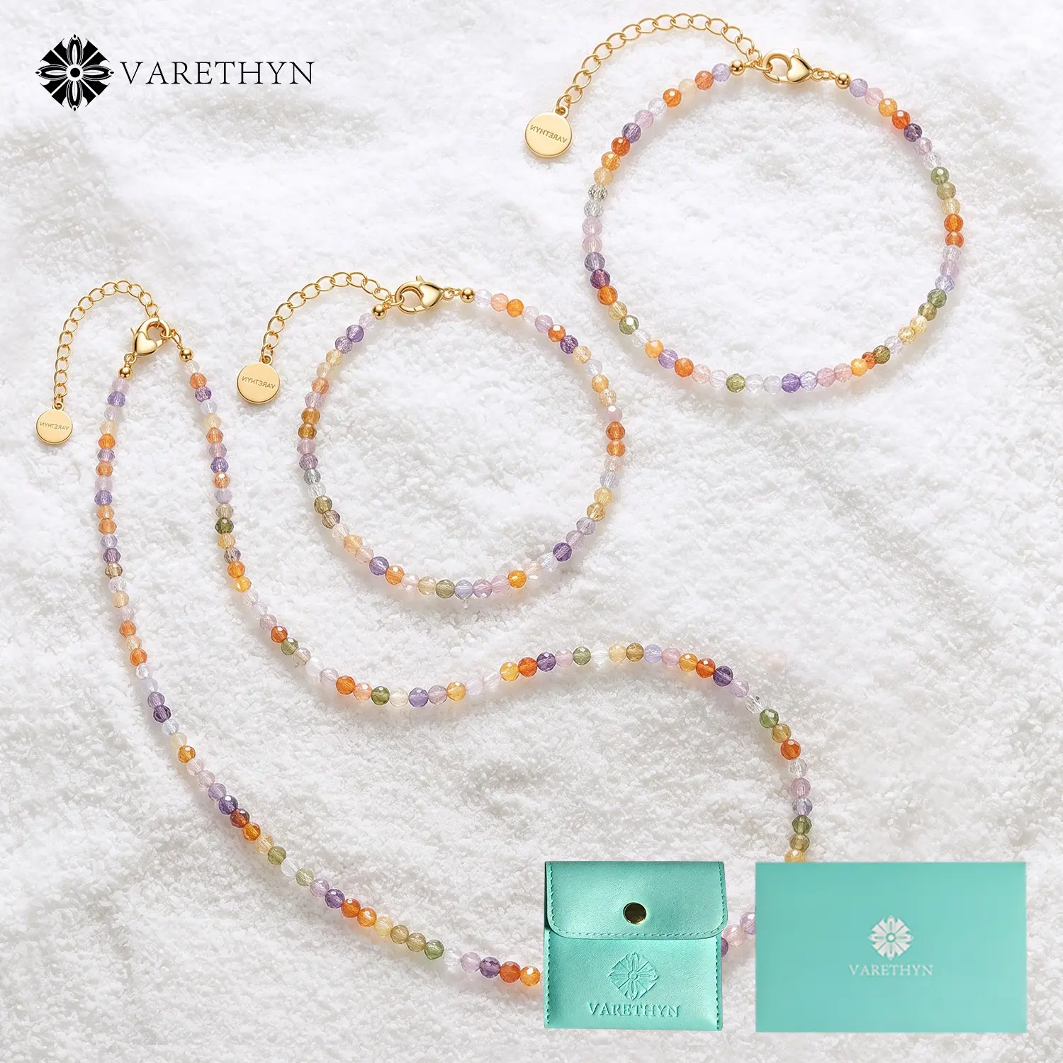 Rainbow Faceted Zircon Jewelry Set | 14K Gold Plated Beaded Necklace and Bracelet Stackable