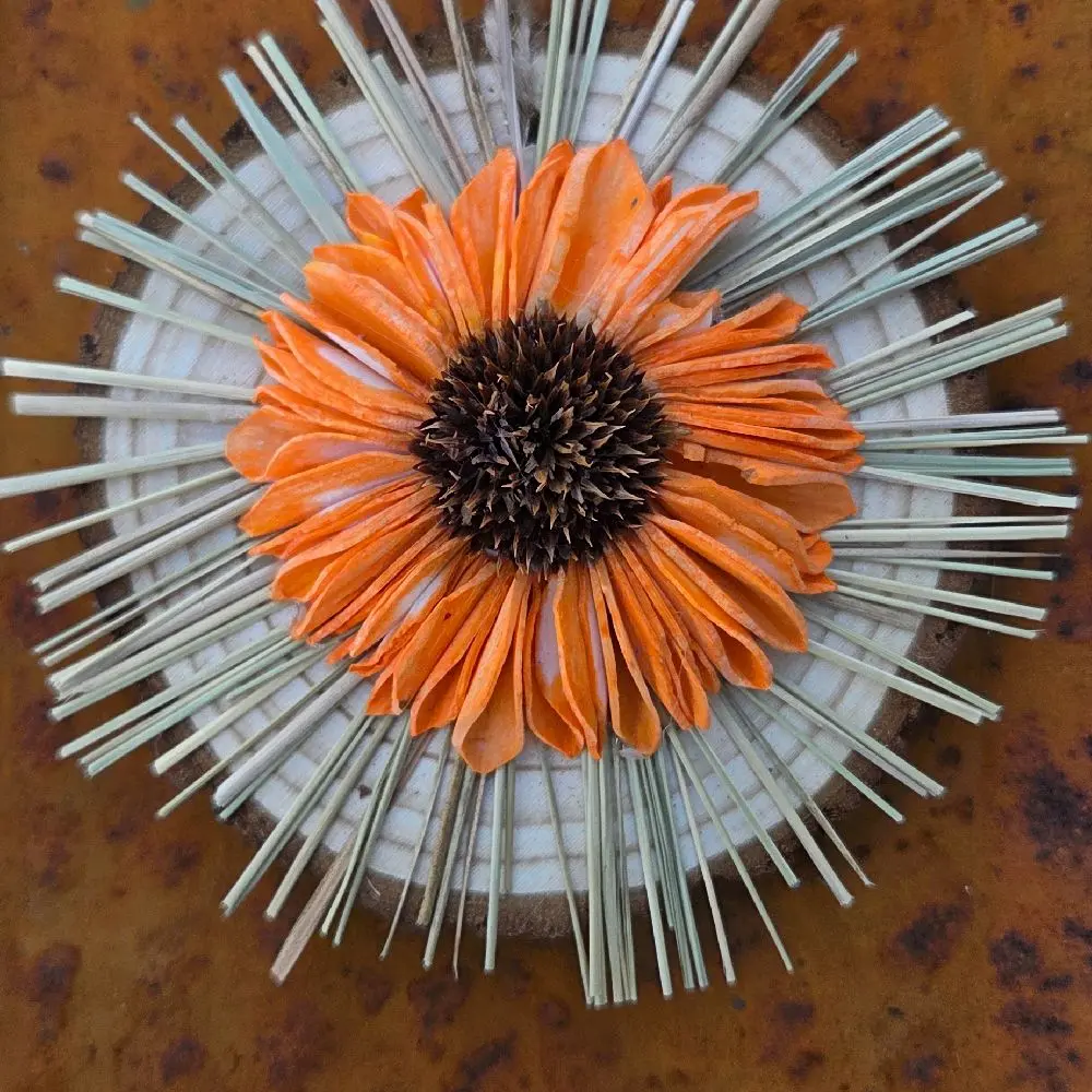 Orange Sunflower and Straw Wood Flower Ornament for Christmas Tree - Elegant Home Decor Essential on Pine Wooden Disk - 3 1/2" Diameter - Hangable Decoration