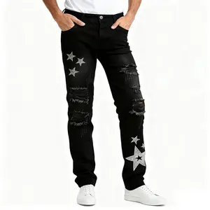 Men's Black Distressed Ripped Straight Leg Jeans with Silver Star Embroidery | Vintage Washed Stylish Denim Pants for Streetwear Enthusiasts