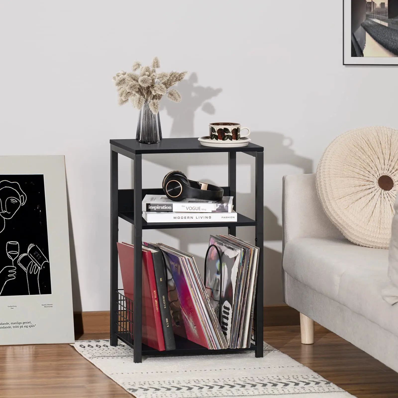 Three-Tier Side Table with Record Storage Function, Turntable Stand and Nightstand Combo, Holds Up to 100 Vinyl Records, Compact and Sturdy Media Rack for Living Room, Bedroom, Sofa Side, Retro Wood and Metal Design