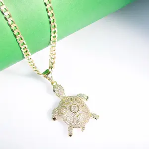 14K Laminated Gold Turtle Pendant Necklace with 3mm Cuban Chain Fully Iced in CZ Stones High-Polish Finish Durable & Long-Lasting Shine Secure Lobster Clasp